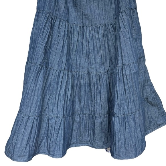 Tiered Beaded Chambray Denim Midi Skirt Size 12 Blue Cottage Boho Western - Picture 6 of 8